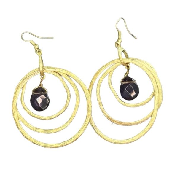 Y2K Vintage Dangled Hoop Earrings Brushed Gold Tone Metal Purple Gemstone - Picture 2 of 3